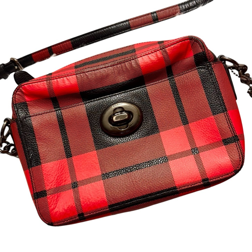 Coach Red and Black Plaid Crossbody leather Bag